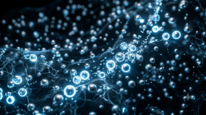 Abstract macro photograph of glowing silver ions woven uniformly into a tangled, wave-like blue and black chemical web, representing a non-toxic, self-adhesive antimicrobial metallogel structure.