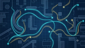 A stylized blueprint background showing an indoor building floor plan with walls and rooms drawn in thin white lines against a dark blue grid. Winding, glowing ribbons of cyan and gold light flow fluidly like water through the hallways and around structural obstructions, connecting glowing star-shaped dots that symbolize data network nodes adapting to physical space.